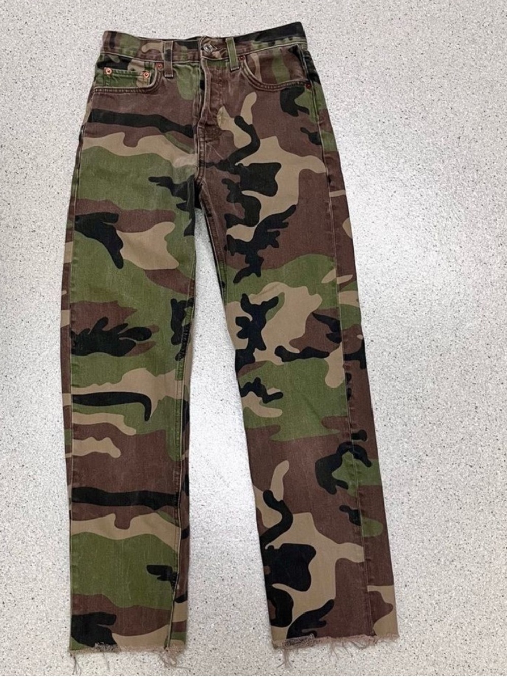 Re/Done Denim High Rise Ankle Crop Straight Leg Camo Jeans Button Fly Stretch 24